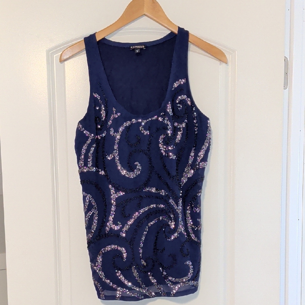 Express Deep Blue Tank with Glittering Silver Accents